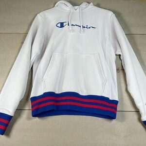 Vintage Champion Reverse Weave Hoodie White Blue Red Stripe Accent Logo Size S